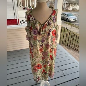 TACERA Floral Chiffon Dress L Beige Multicolored Fully Lined Spring Easter VGUC